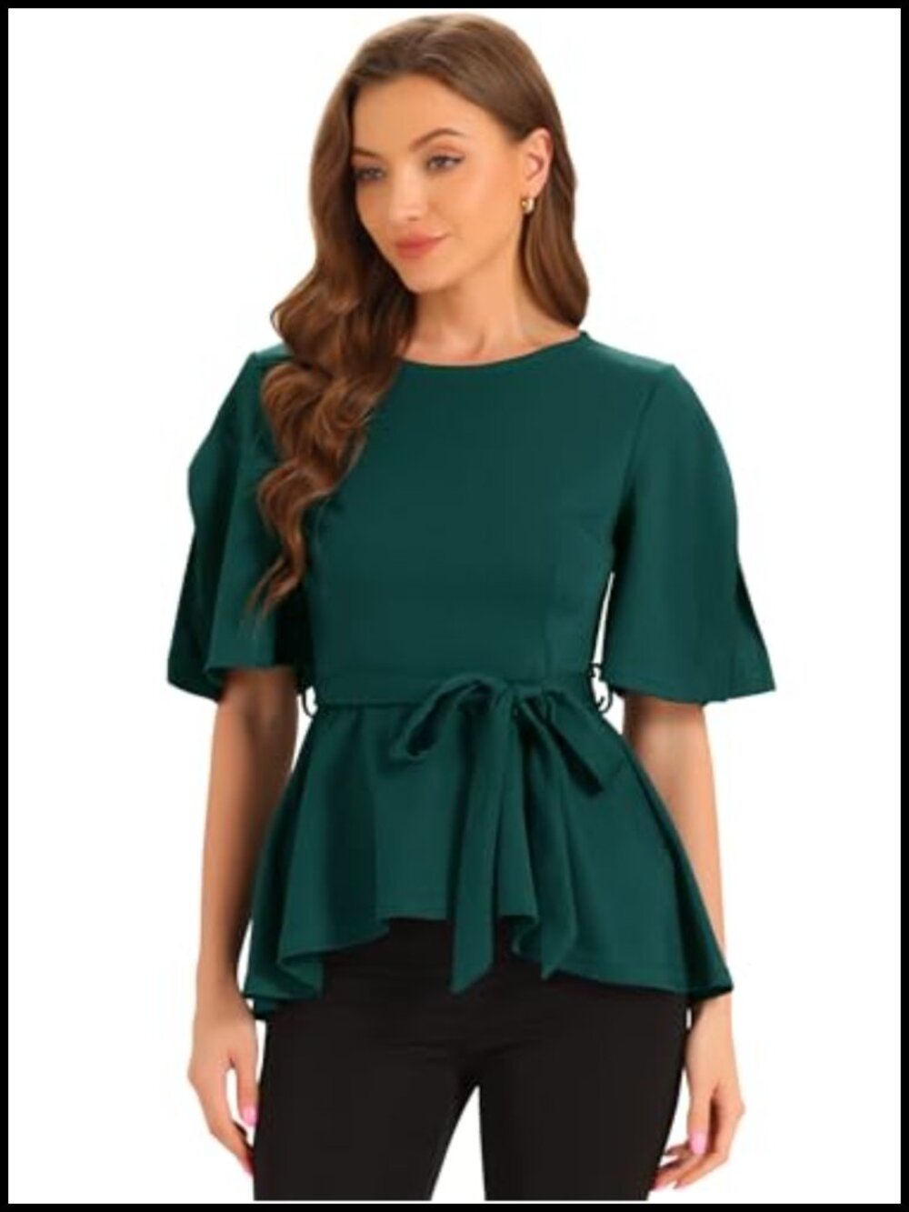 Peplum Blouse with Ruffle Hem and Belted Waist, 3/4 Sleeve